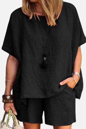 Cómodo conjunto de dos piezas de camisa y pantalón corto de lino