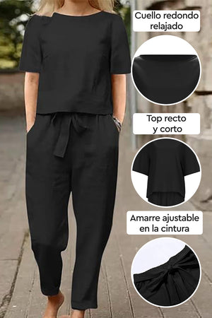Mezcla de algodón y lino Monocromo Conjunto de dos piezas