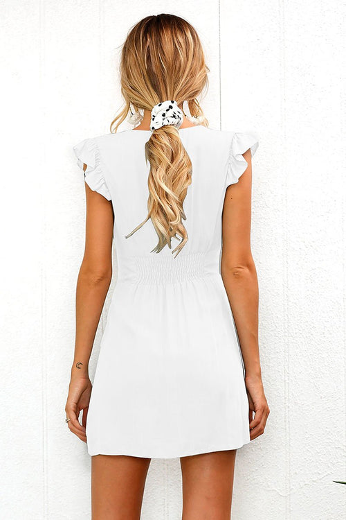 Vestido Minifalda con Botones y Manga Fruncida